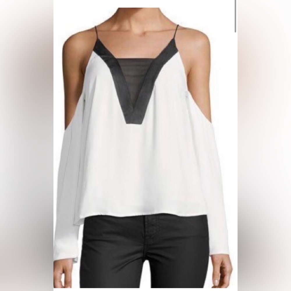 C/Meo Collective Cold Shoulder Long Sleeve White & Black Top Sz S Silky Blouse!